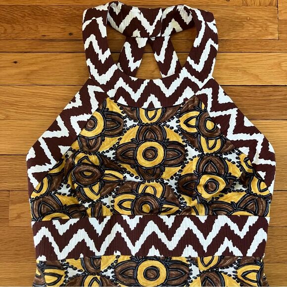 Milly Brown Yellow Tribal Print Y2K Vintage Cotton Halter Cocktail Dress 6 - Picture 2 of 12